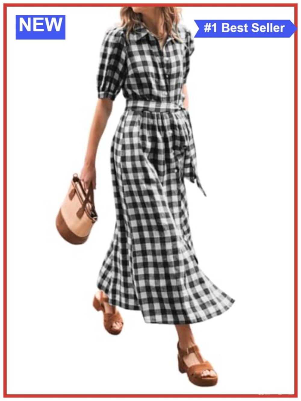 Women's Long Plaid Puff Sleeve Button Down Shirt Dress with Belt